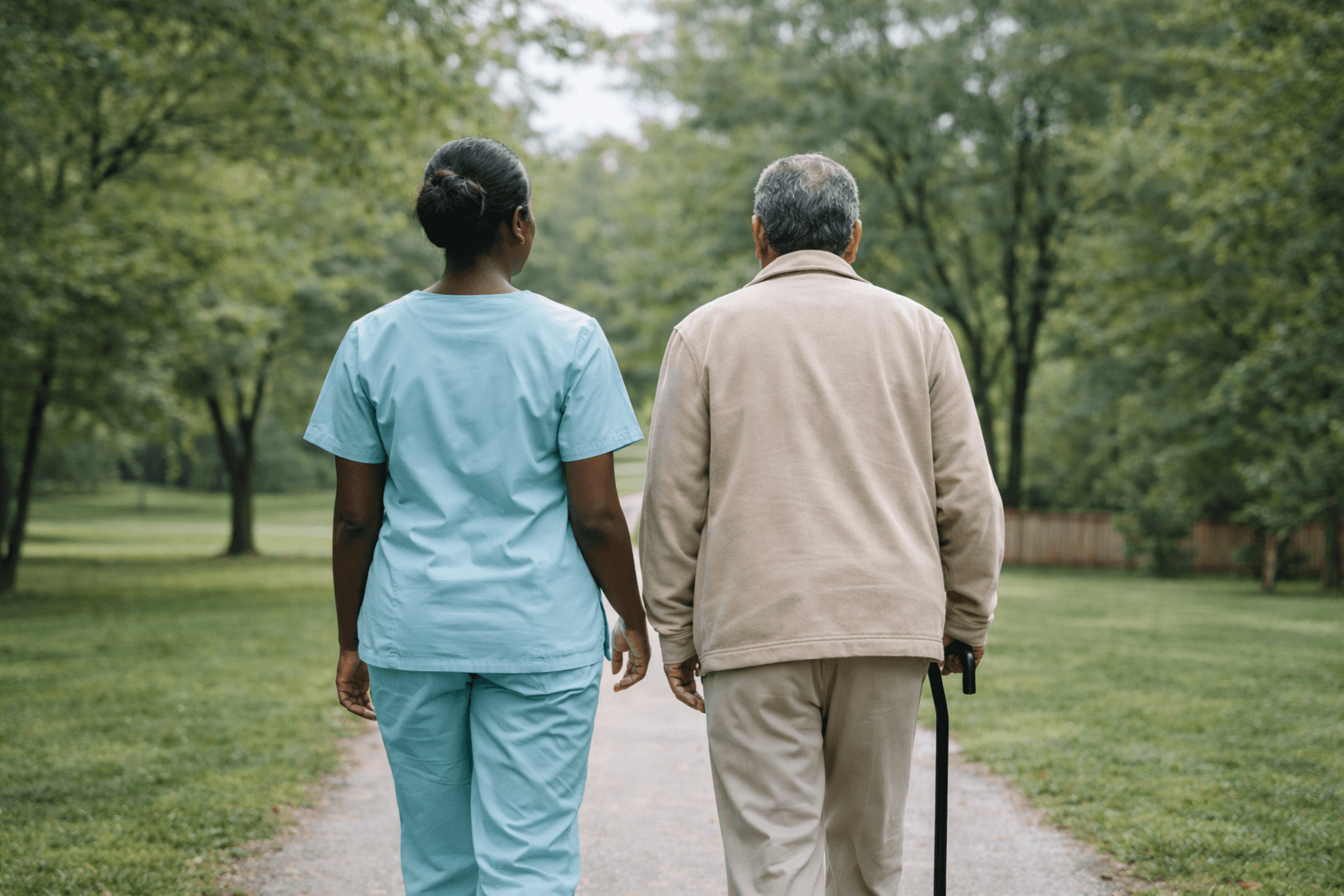 Caregiver and resident walking outdoors